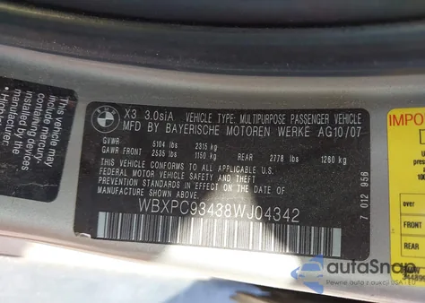 2008 BMW X3 3.0Si из США, поврежденный, VIN WBXPC93438WJ04342